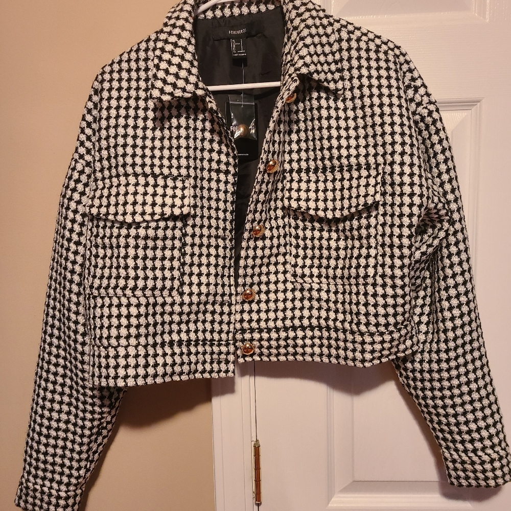 Black White Tweed Print Crop Jacket S